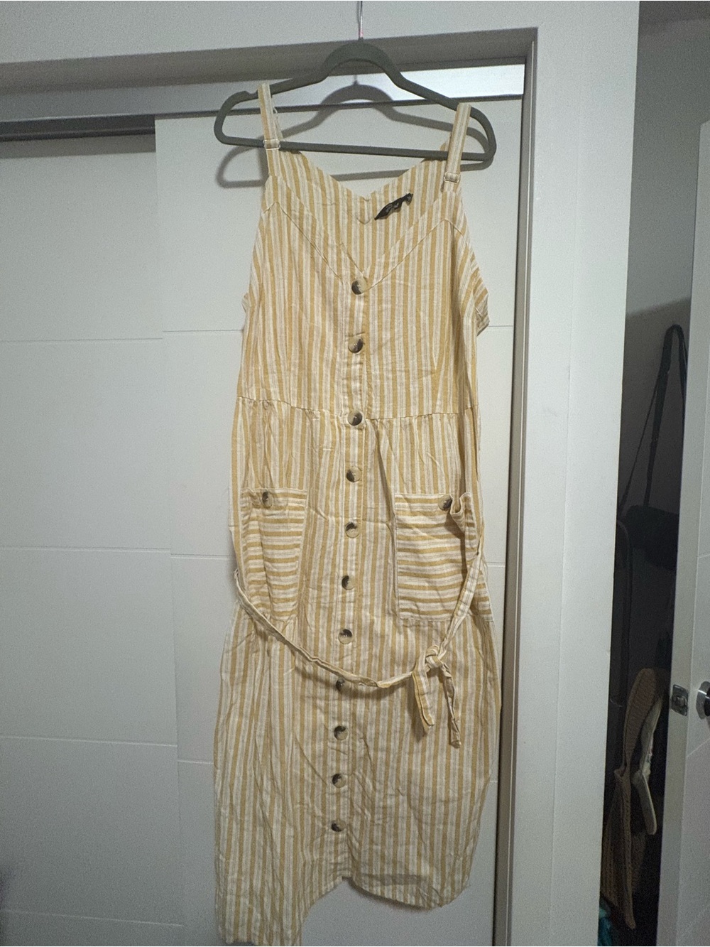 Mlle Gabrielle Yellow and White Striped Button-Front Midi Dress
